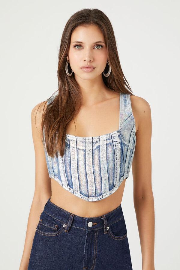 Forever21 Denim Curved-Hem Crop Top SILVER