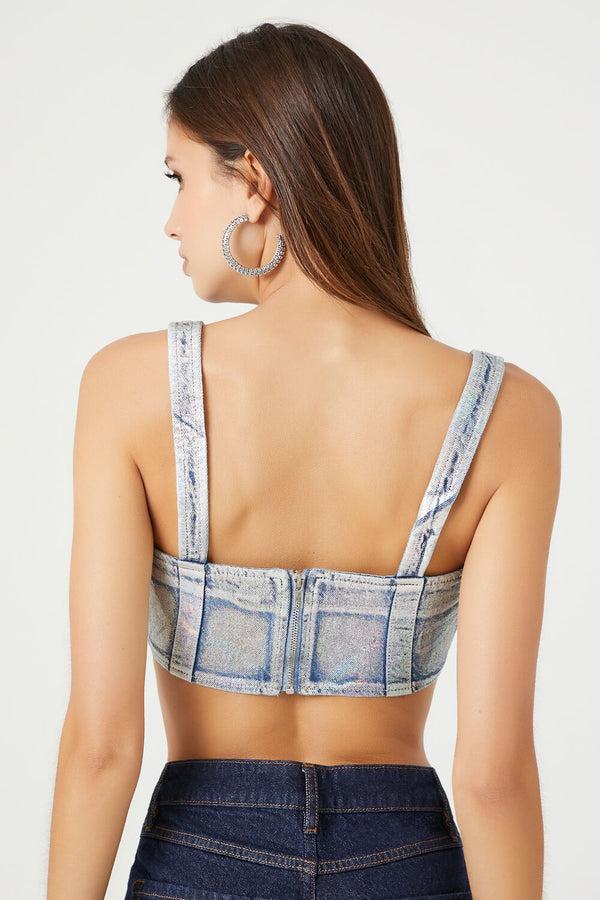 Forever21 Denim Curved-Hem Crop Top SILVER