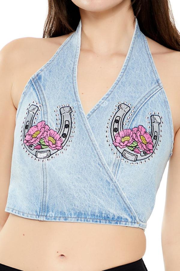 Forever21 Denim Horseshoe Crop Top LIGHT DENIM