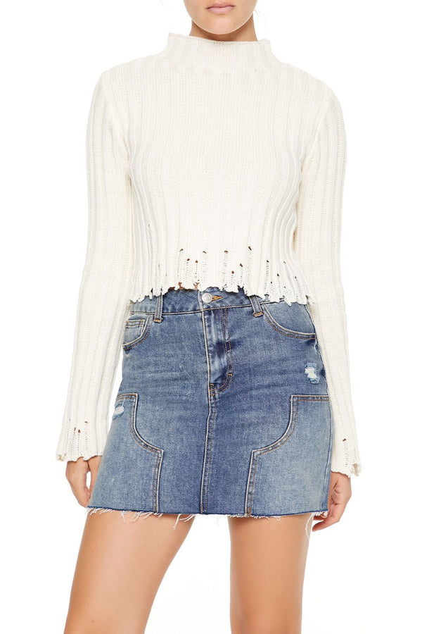 Forever21 Distressed Mock Neck Sweater EGRET
