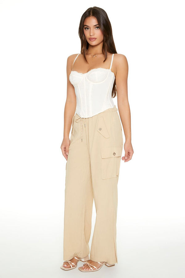 Forever21 Drawstring Wide-Leg Cargo Pants CREAM