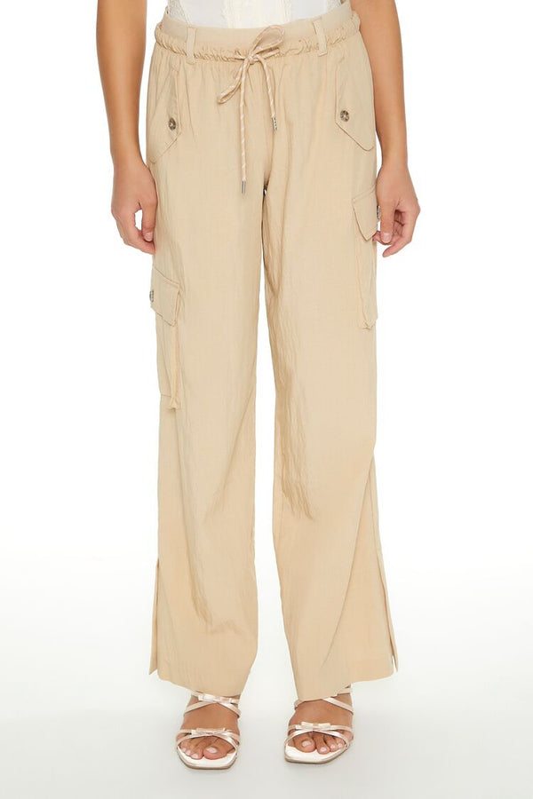Forever21 Drawstring Wide-Leg Cargo Pants CREAM
