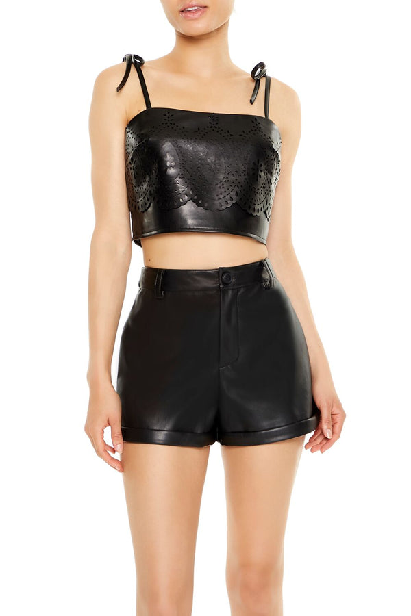 Forever21 Eyelet Faux Leather Cropped Cami BLACK