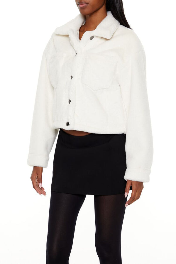 Forever21 Faux Fur Cropped Shacket EGRET