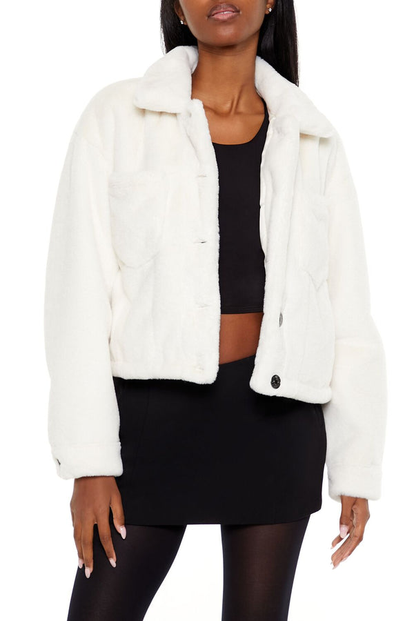 Forever21 Faux Fur Cropped Shacket EGRET