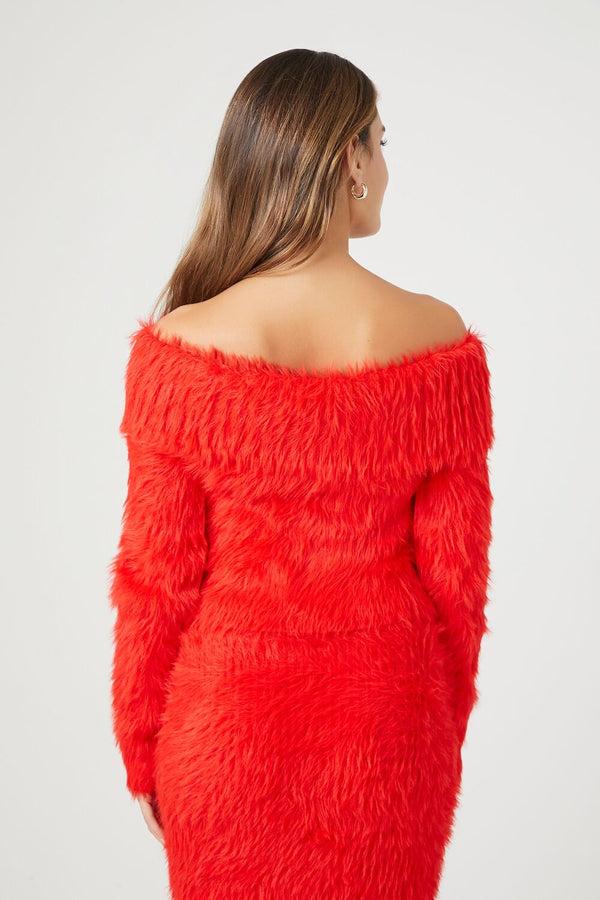 Forever21 Faux Fur Off-the-Shoulder Top FIERY RED