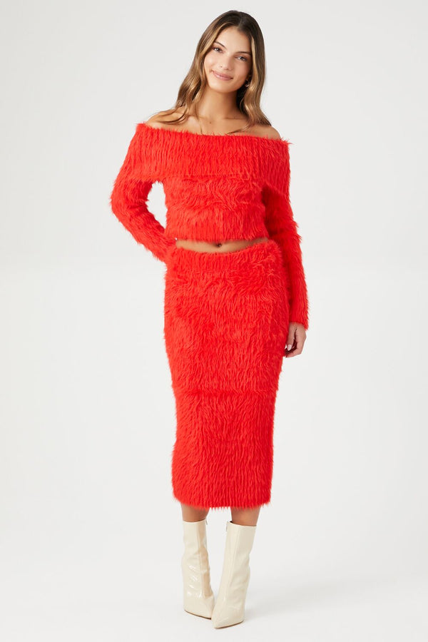 Forever21 Faux Fur Off-the-Shoulder Top FIERY RED