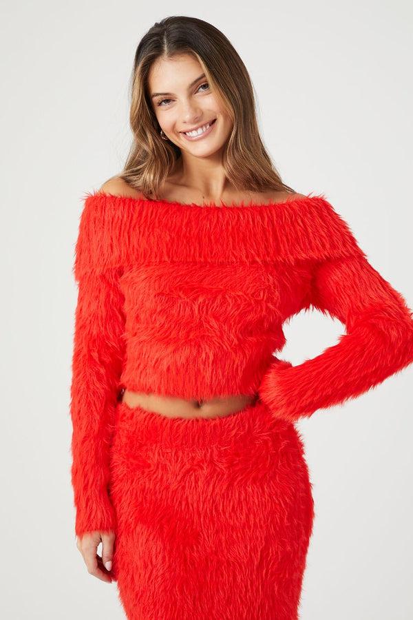Forever21 Faux Fur Off-the-Shoulder Top FIERY RED