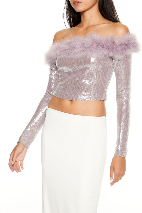 Forever21 Faux Fur-Trim Sequin Crop Top LAVENDER