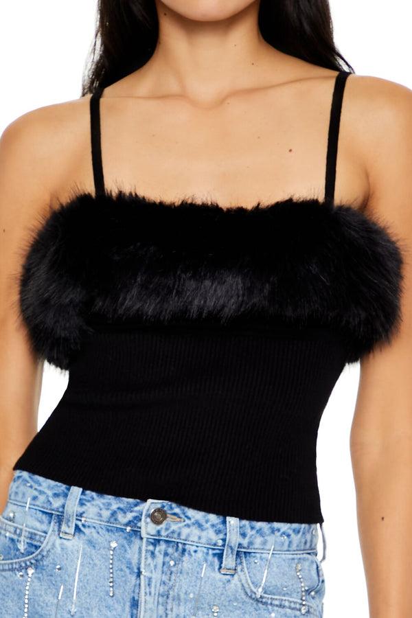 Forever21 Faux Fur-Trim Sweater-Knit Cami BLACK