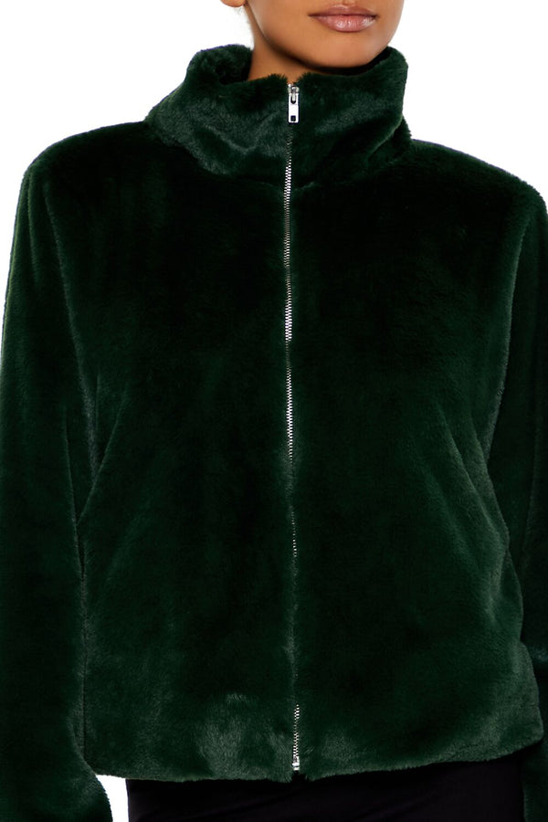 Forever21 Faux Fur Zip-Up Coat HUNTER GREEN