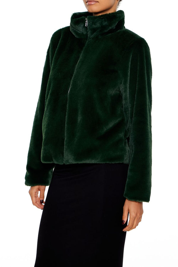Forever21 Faux Fur Zip-Up Coat HUNTER GREEN