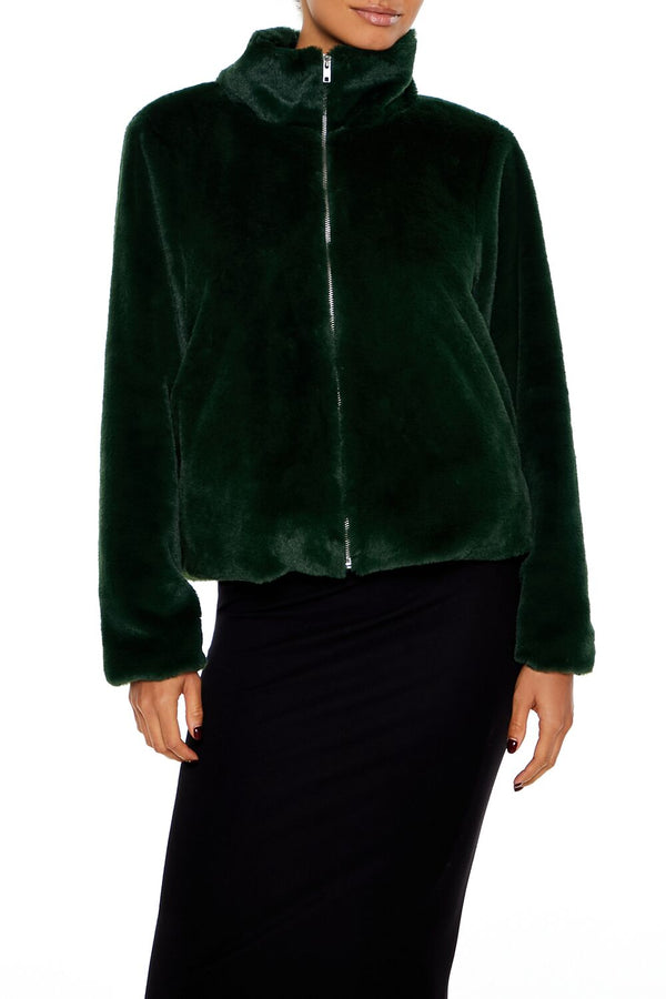 Forever21 Faux Fur Zip-Up Coat HUNTER GREEN