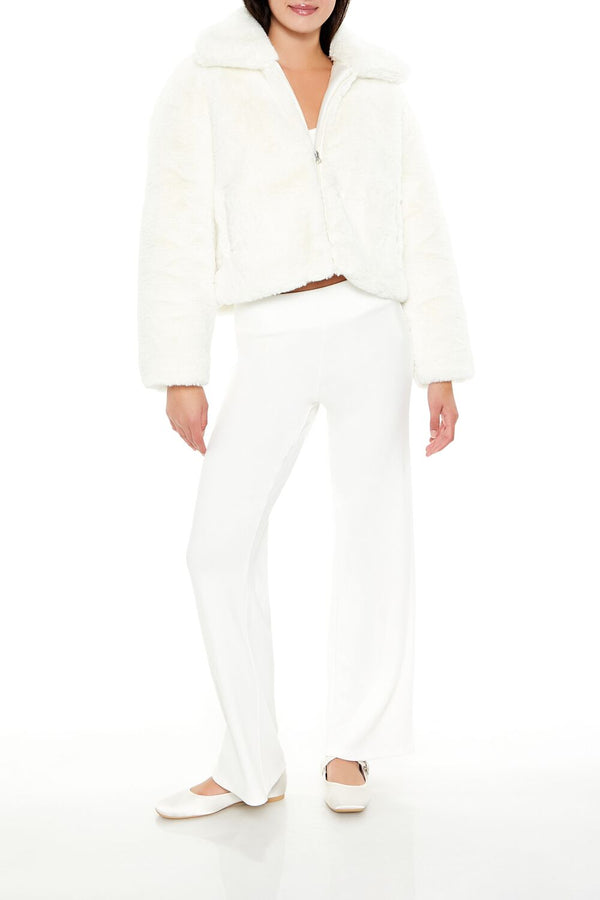 Forever21 Faux Fur Zip-Up Coat WHITE