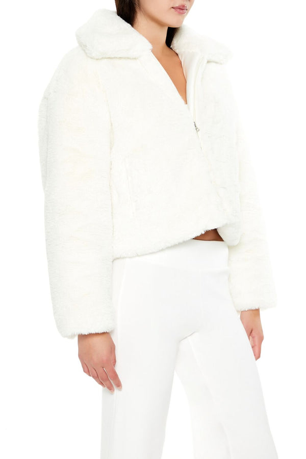 Forever21 Faux Fur Zip-Up Coat WHITE