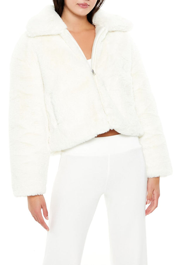 Forever21 Faux Fur Zip-Up Coat WHITE
