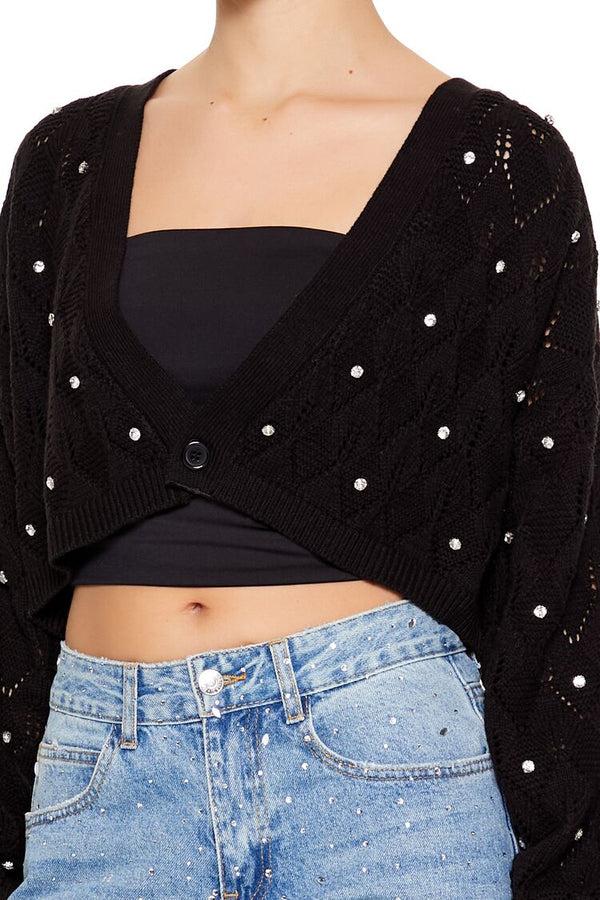Forever21 Faux Gem Cropped Cardigan Sweater BLACK