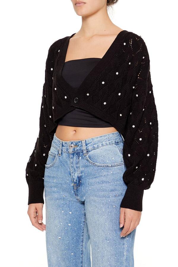 Forever21 Faux Gem Cropped Cardigan Sweater BLACK