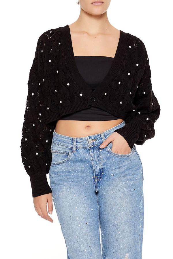 Forever21 Faux Gem Cropped Cardigan Sweater BLACK