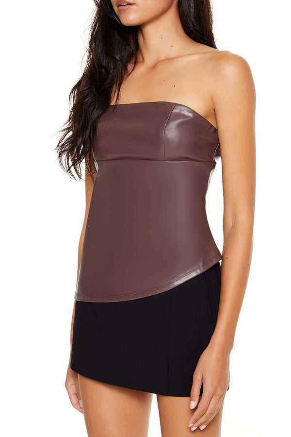 Forever21 Faux Leather Asymmetrical Tube Top BROWN