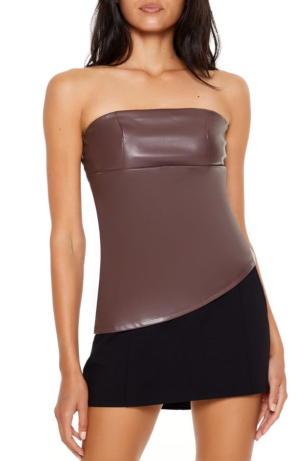 Forever21 Faux Leather Asymmetrical Tube Top BROWN