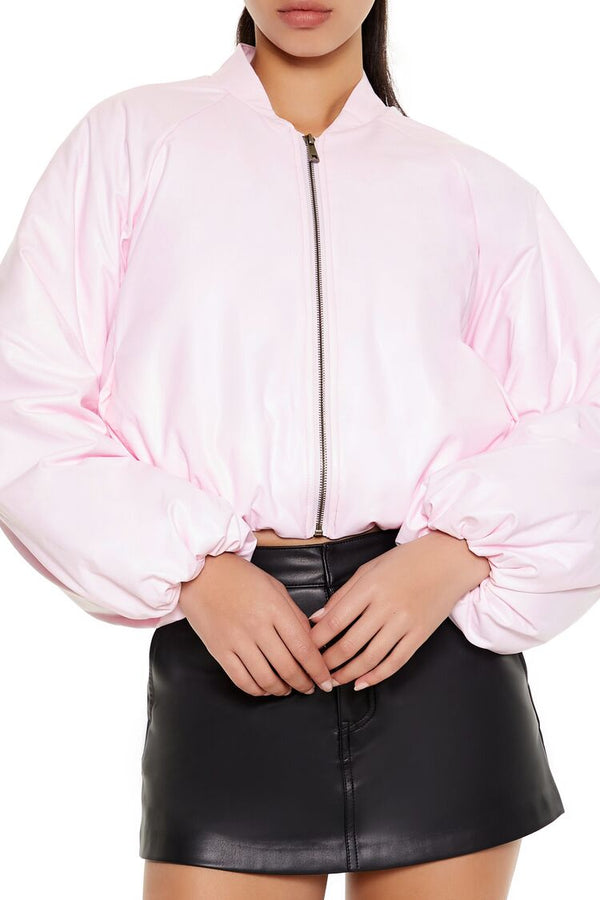 Forever21 Faux Leather Balloon-Sleeve Jacket PINK