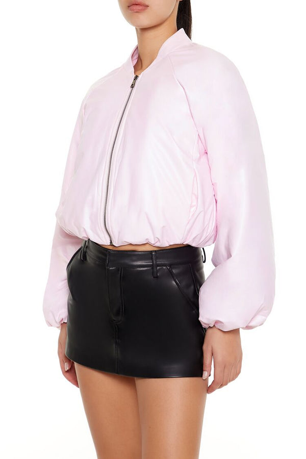 Forever21 Faux Leather Balloon-Sleeve Jacket PINK