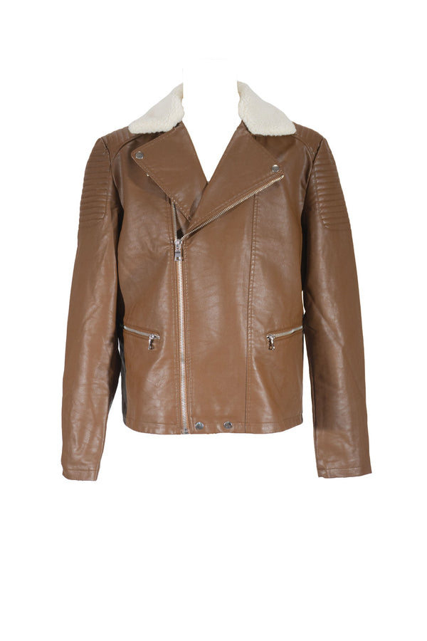 Forever21 Faux Leather Biker Jacket BROWN/WHITE