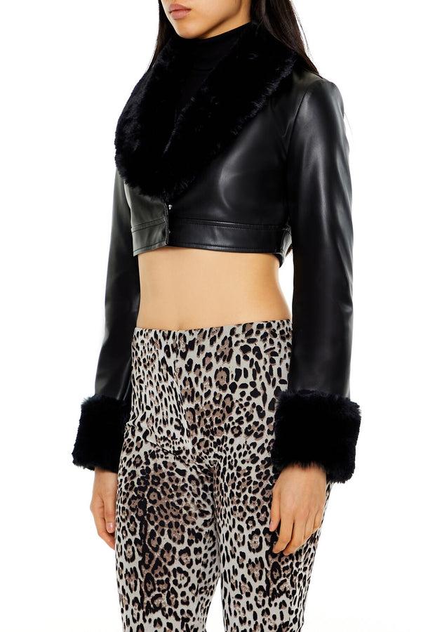 Forever21 Faux Leather & Fur Cropped Jacket BLACK