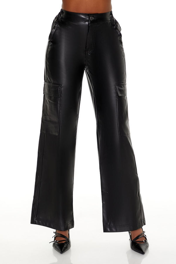 Forever21 Faux Leather High-Rise Cargo Pants BLACK