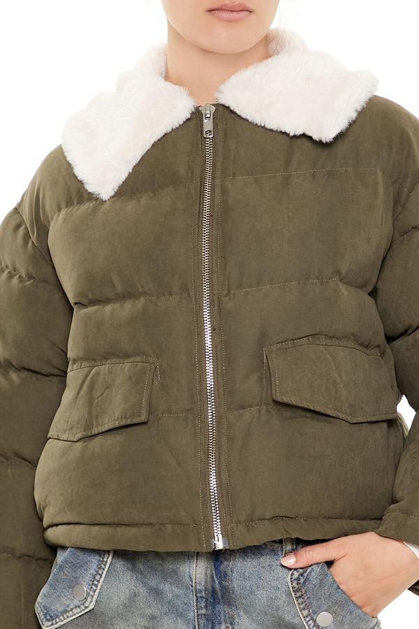 Forever21 Faux Leather Puffer Jacket OLIVE