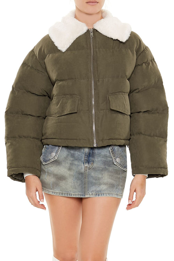 Forever21 Faux Leather Puffer Jacket OLIVE