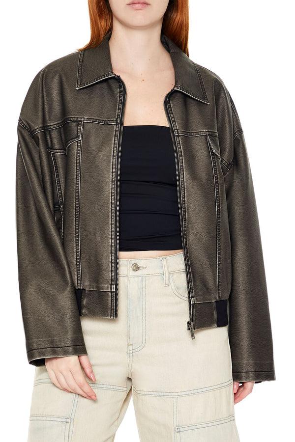 Forever21 Faux Leather Zip-Up Moto Jacket BLACK