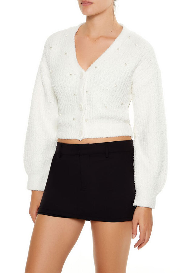 Forever21 Faux Pearl Cardigan Sweater WHITE