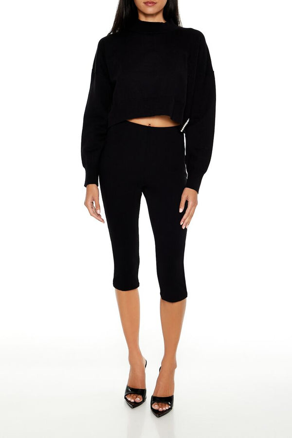 Forever21 Faux Pearl-Trim Cropped Sweater BLACK