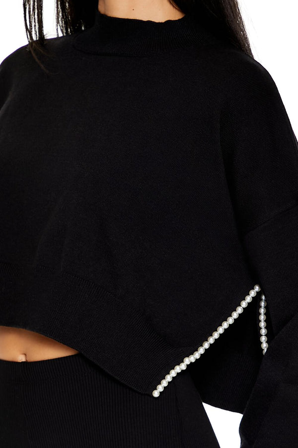 Forever21 Faux Pearl-Trim Cropped Sweater BLACK
