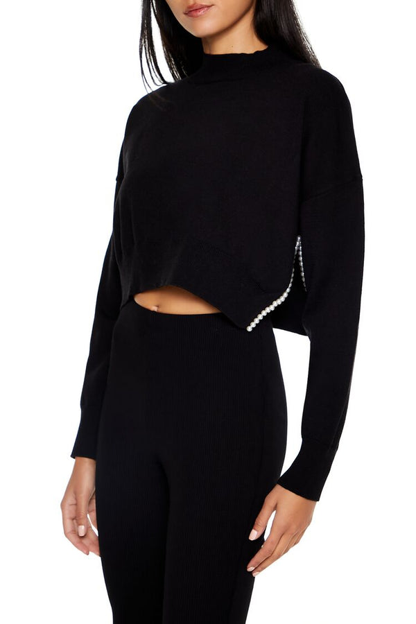 Forever21 Faux Pearl-Trim Cropped Sweater BLACK