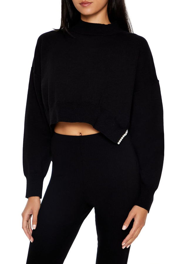 Forever21 Faux Pearl-Trim Cropped Sweater BLACK