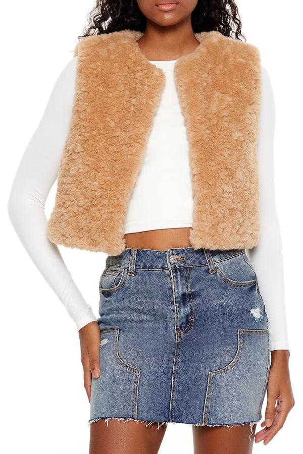 Forever21 Faux Shearling Cropped Vest DESERT SAND