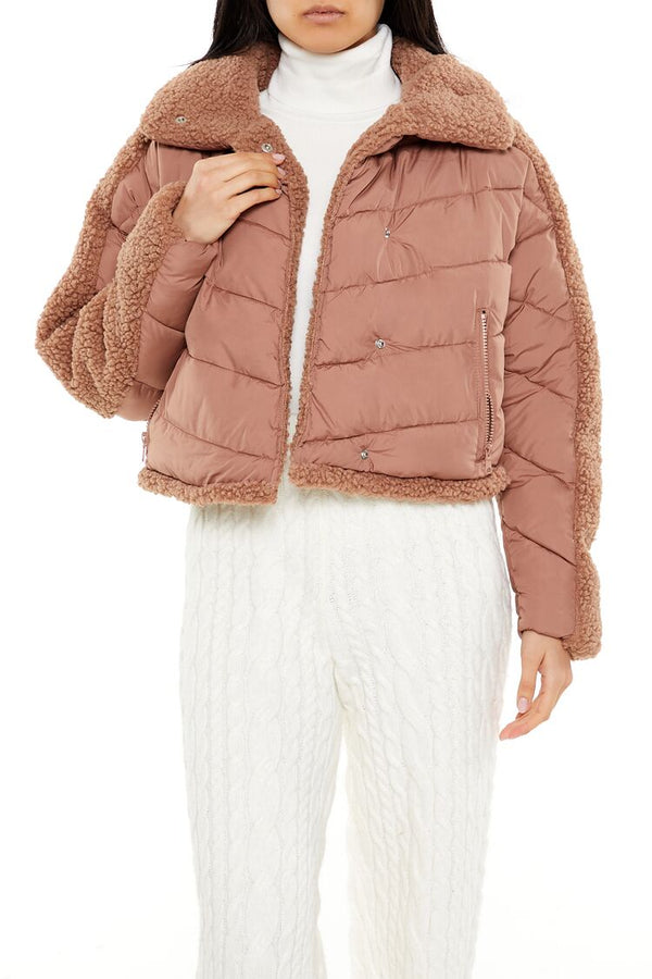 Forever21 Faux Shearling-Trim Puffer Jacket TAN