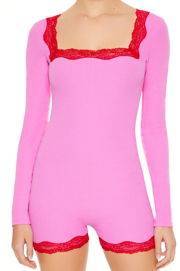 Forever21 Fitted Lace-Trim Romper PINK/MULTI