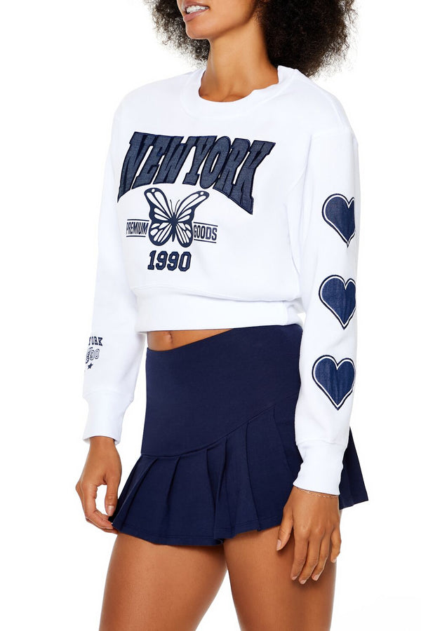 Forever21 Fleece New York Crop Top WHITE/BLUE