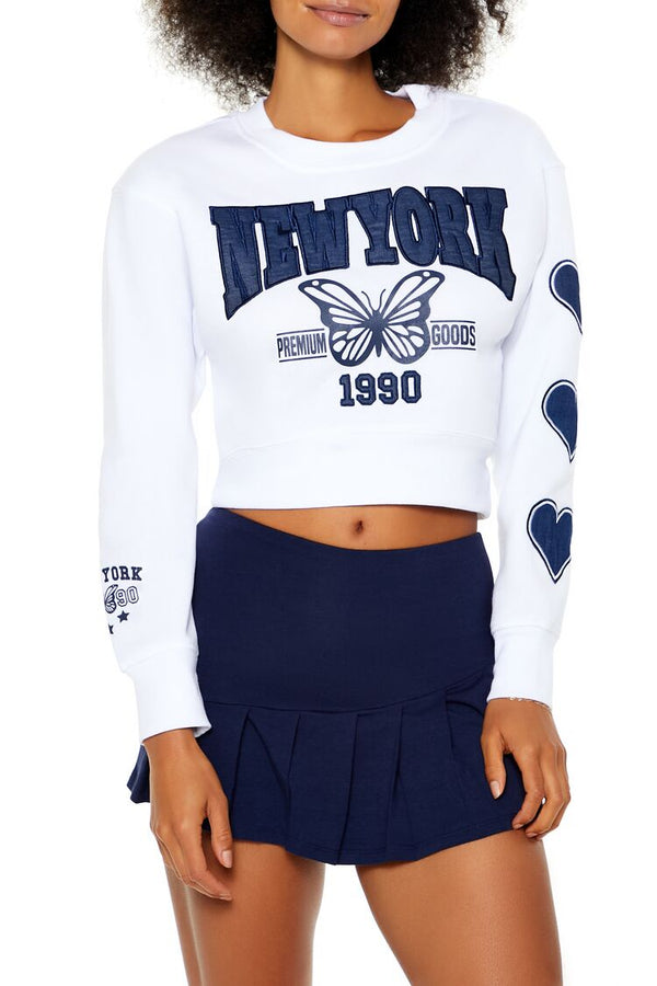 Forever21 Fleece New York Crop Top WHITE/BLUE