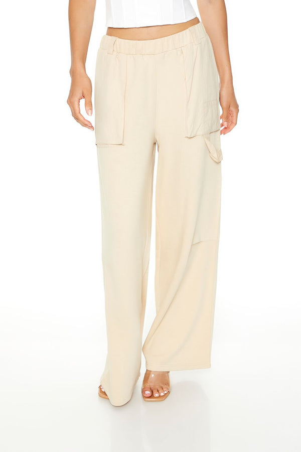 Forever21 Fleece Wide-Leg Utility Pants OATMEAL