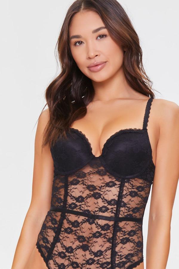Forever21 Floral Lace Mesh Lingerie Bodysuit BLACK