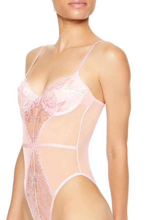Forever21 Floral Lace Mesh Lingerie Bodysuit PINK