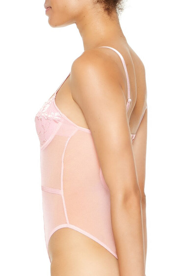 Forever21 Floral Lace Mesh Lingerie Bodysuit PINK