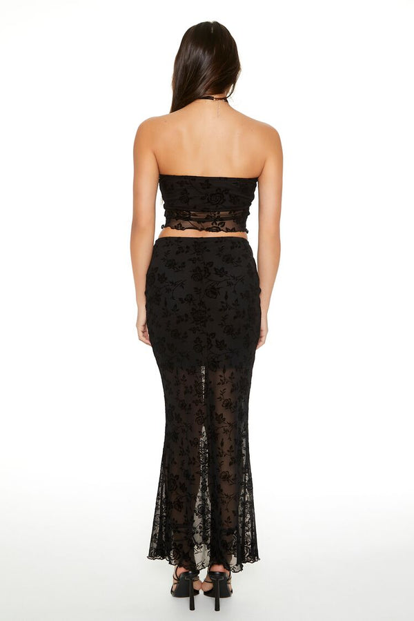 Forever21 Floral Lace Tube Top & Skirt Set BLACK