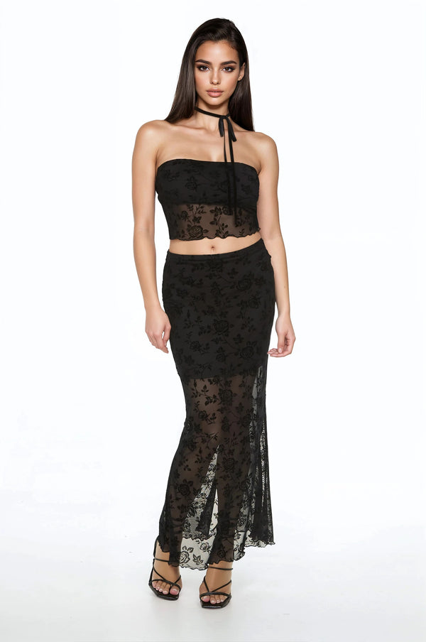 Forever21 Floral Lace Tube Top & Skirt Set BLACK