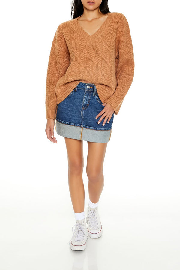 Forever21 Geo V-Neck Drop-Sleeve Sweater CAMEL